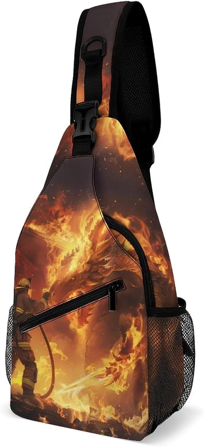 Firefighter Fighting Against Flames Dragon Fashion Chest Bag for Men Small Sling Bag Backpack Crossbody Travel Hiking Daypack