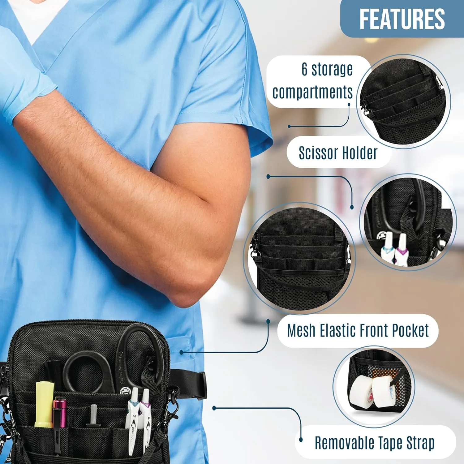 First Lifesaver 4-in-1 Nurse Fanny Pack with Multi-Compartment and Tape Holder For Nurses, Nursing Students (Black Small)