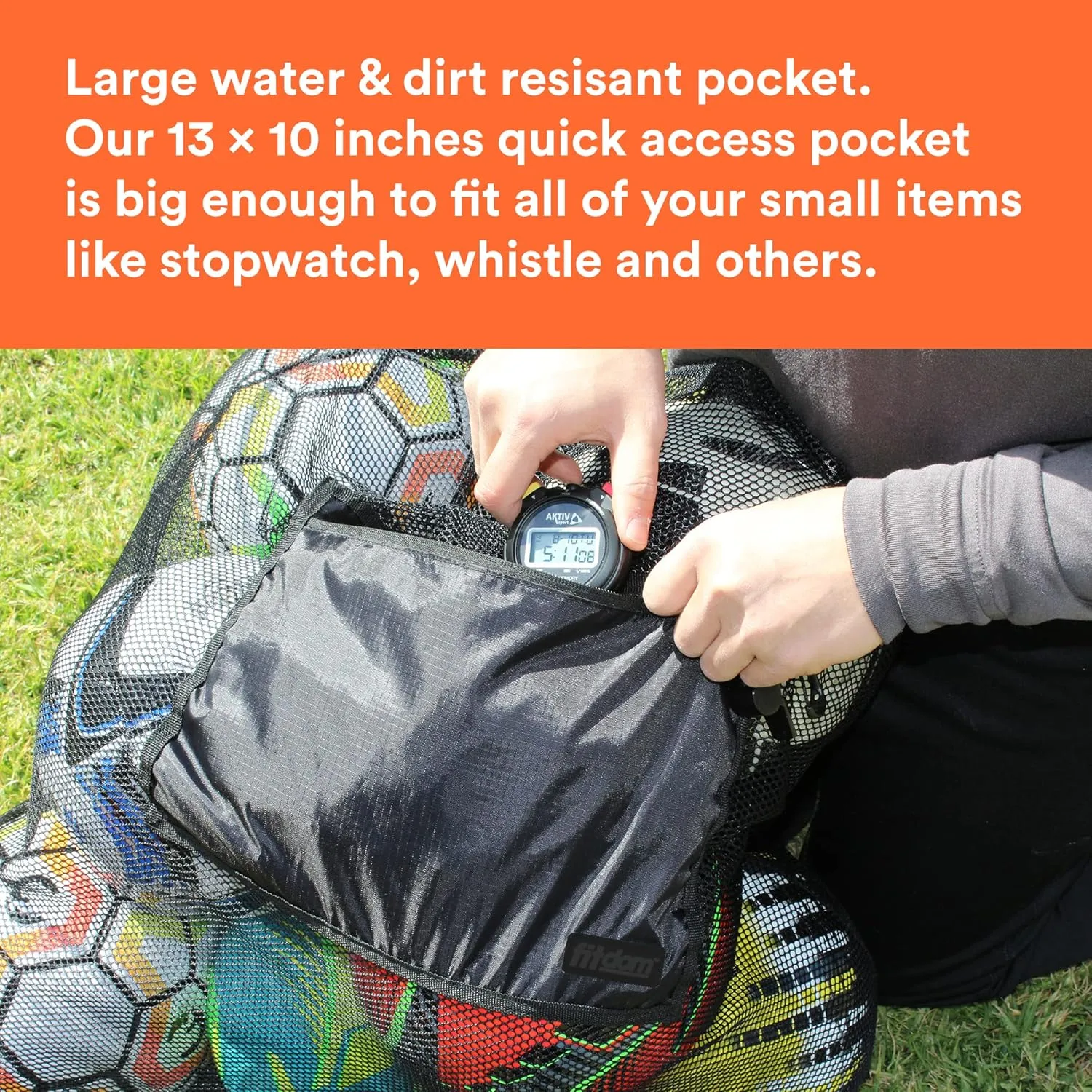 Fitdom Extra Large Heavy Duty Mesh Bag. Best for Soccer Ball, Water Sports, Beach Cloth, Swimming Gears. Adjustable Shoulder Strap. Secure Side Pocket