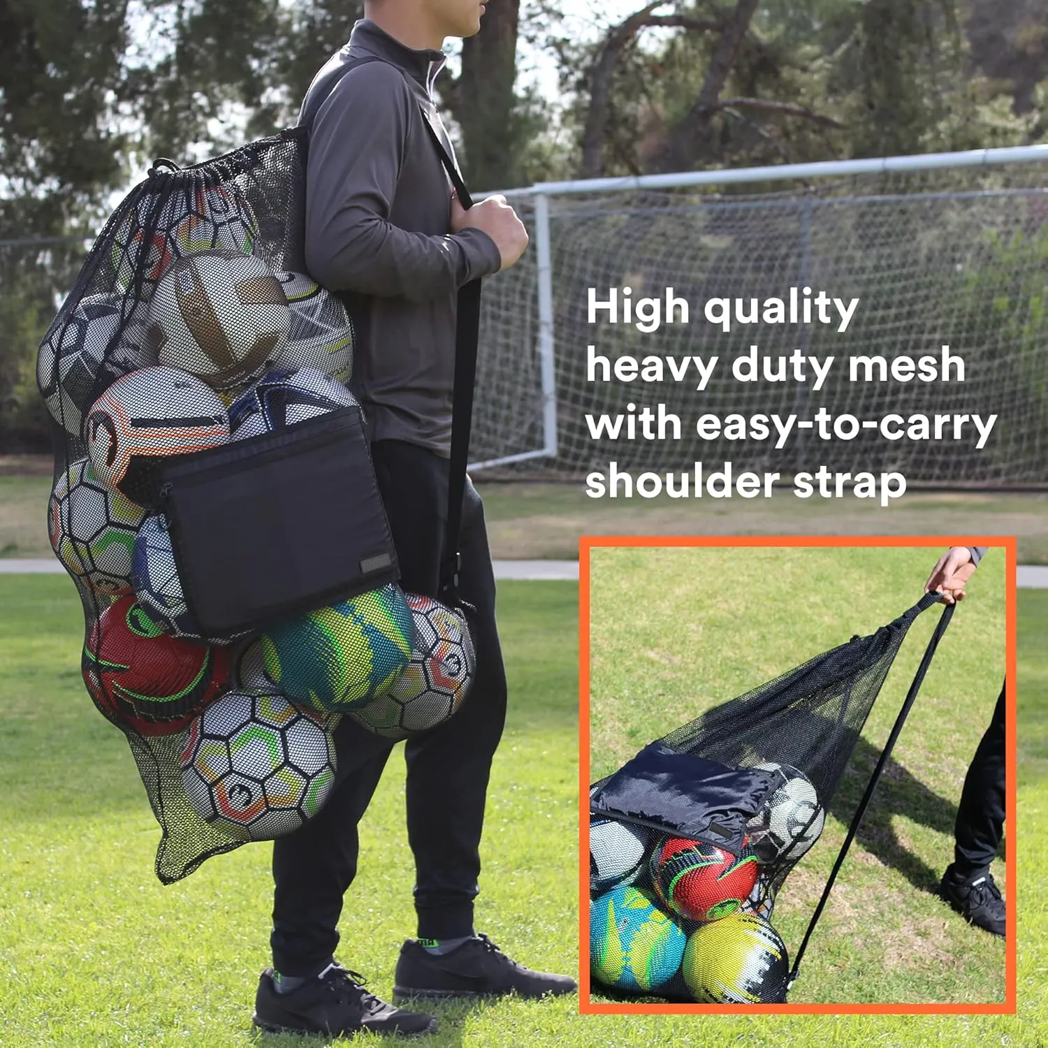 Fitdom Extra Large Heavy Duty Mesh Bag. Best for Soccer Ball, Water Sports, Beach Cloth, Swimming Gears. Adjustable Shoulder Strap. Secure Side Pocket