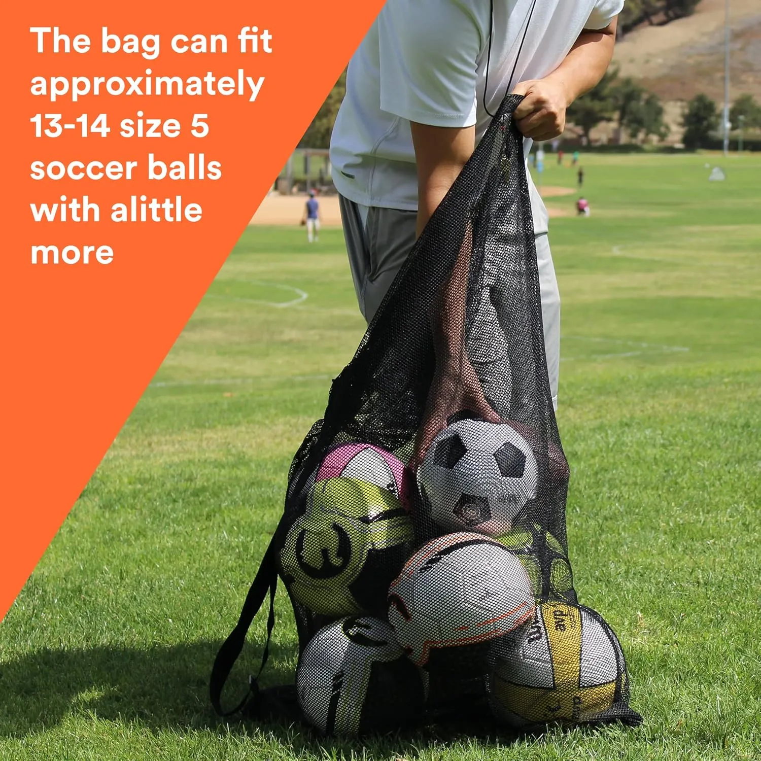 Fitdom Extra Large Heavy Duty Mesh Bag. Best for Soccer Ball, Water Sports, Beach Cloth, Swimming Gears. Adjustable Shoulder Strap. Secure Side Pocket