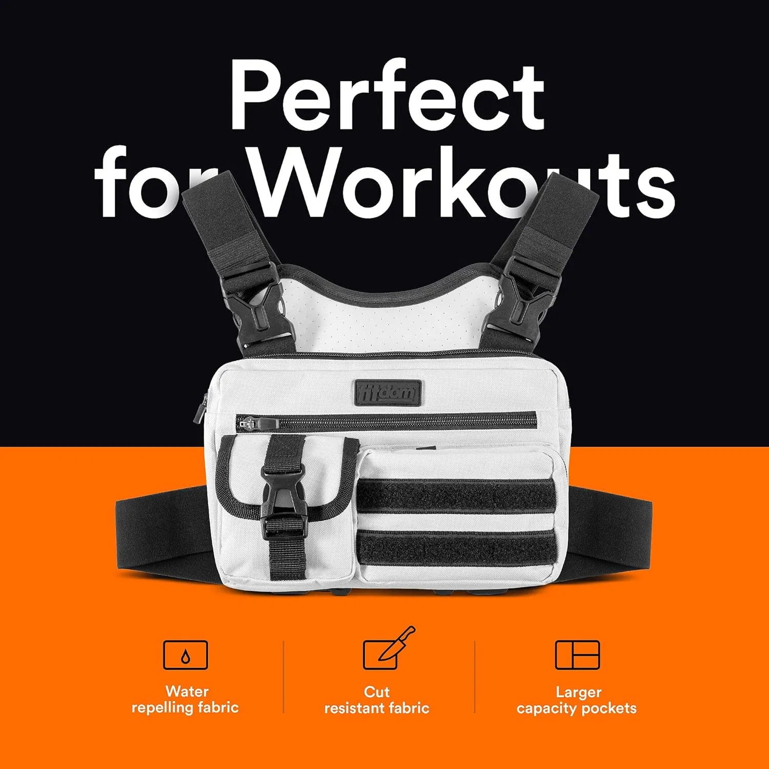 Fitdom Tactical Inspired Sports Utility Chest Pack. Chest Bag For Men With Built-In Phone Holder. This EDC Rig Pouch Vest is Perfect For Workouts, Cycling & Hiking