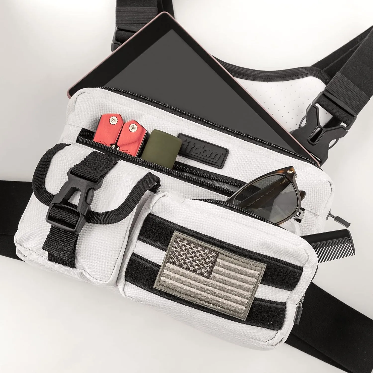 Fitdom Tactical Inspired Sports Utility Chest Pack. Chest Bag For Men With Built-In Phone Holder. This EDC Rig Pouch Vest is Perfect For Workouts, Cycling & Hiking