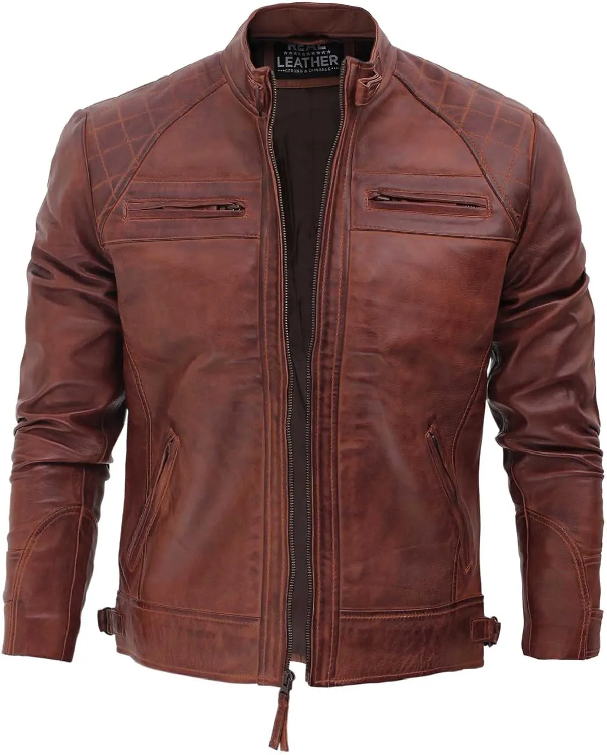 fjackets Real Lambskin Mens Leather Jackets - Quilted Cafe Racer Zip Up Moto Style Leather Jacket Men