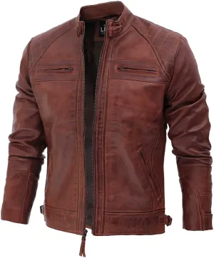 fjackets Real Lambskin Mens Leather Jackets - Quilted Cafe Racer Zip Up Moto Style Leather Jacket Men