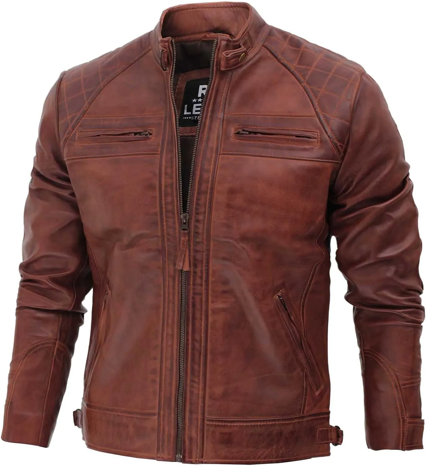 fjackets Real Lambskin Mens Leather Jackets - Quilted Cafe Racer Zip Up Moto Style Leather Jacket Men