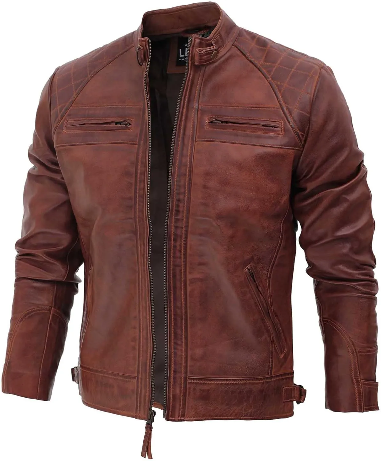 fjackets Real Lambskin Mens Leather Jackets - Quilted Cafe Racer Zip Up Moto Style Leather Jacket Men