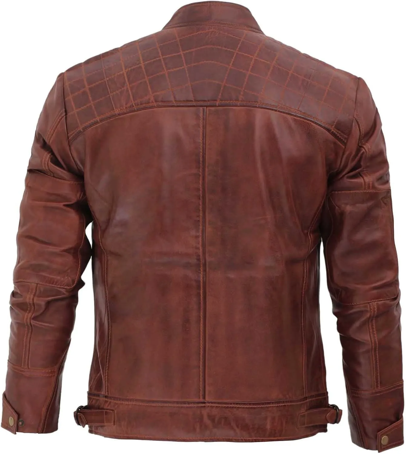 fjackets Real Lambskin Mens Leather Jackets - Quilted Cafe Racer Zip Up Moto Style Leather Jacket Men