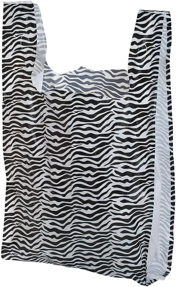 FLAWLESS PACKAGING Zebra printed plastic bags with handles small heavy duty pack of 100 8 x 5 x 16