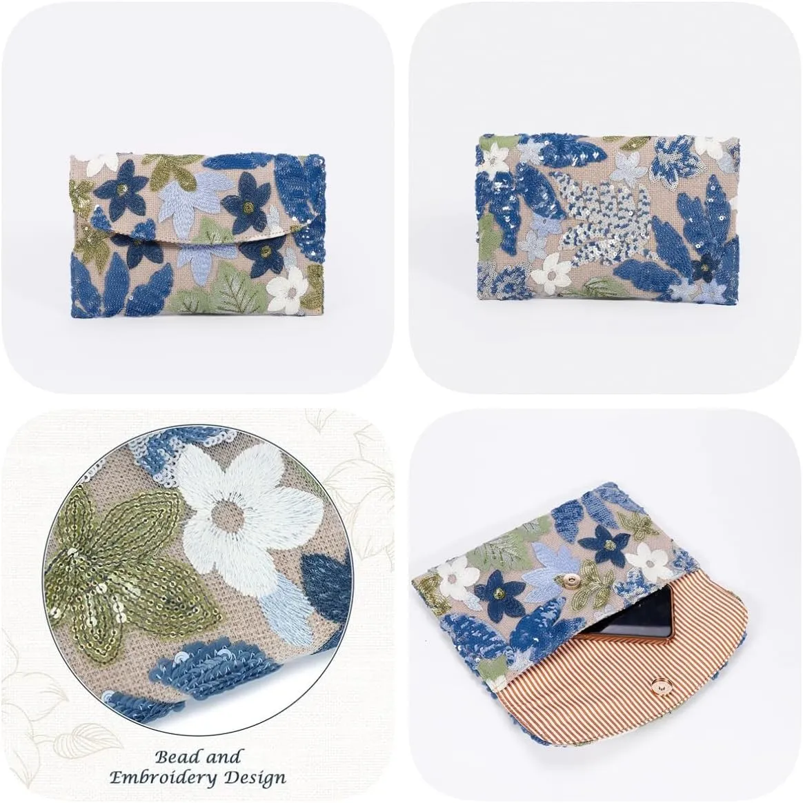 Floral Clutch Purses for Women,Small Summer Embroidery Sequin Evening Bag for Formal Party Wedding