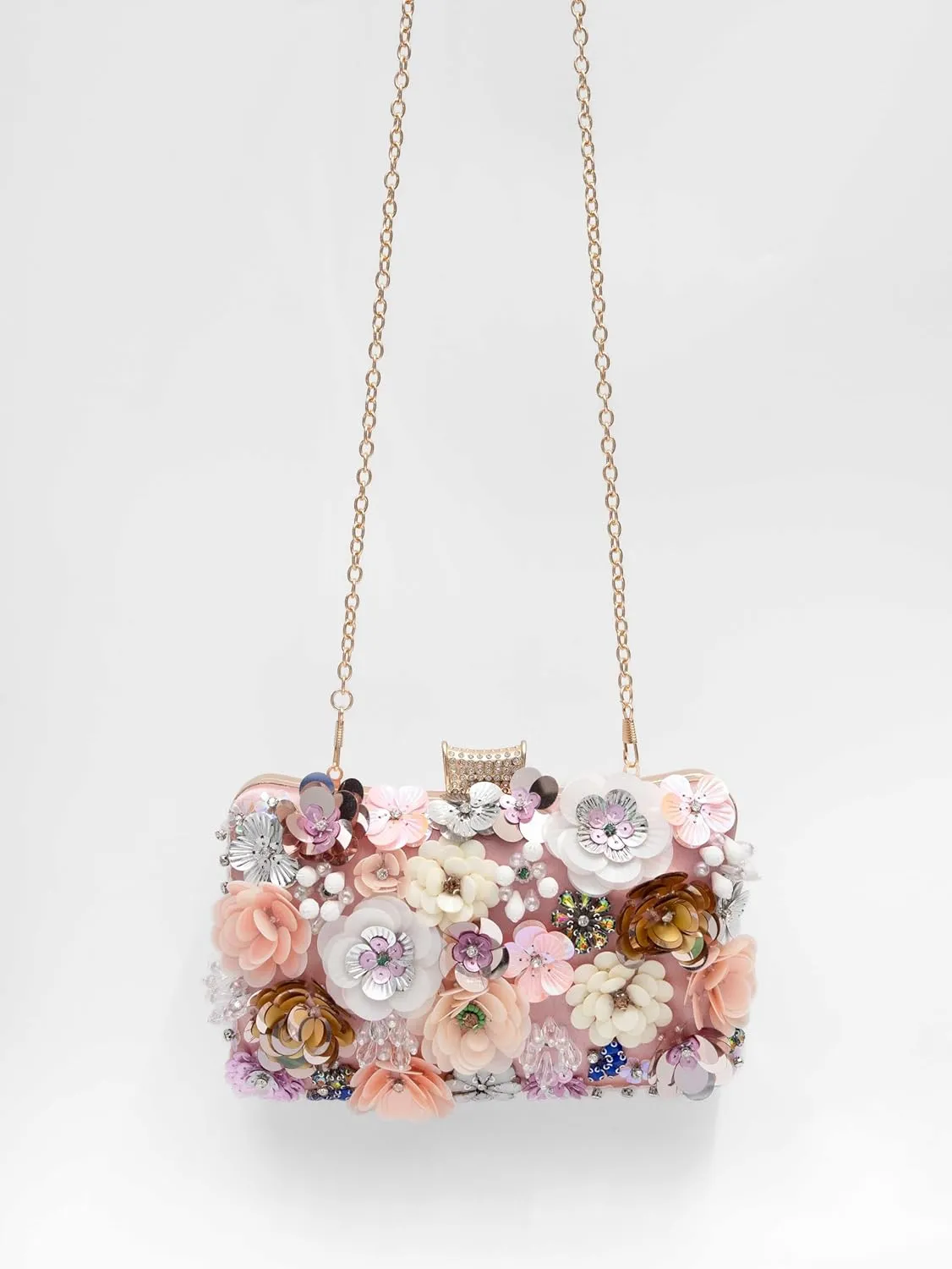 Floral Evening Bag for Women Beaded Clutch Purse with Sequins & Rhinestone Wedding Party Handbag with Chains
