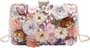 Floral Evening Bag for Women Beaded Clutch Purse with Sequins & Rhinestone Wedding Party Handbag with Chains