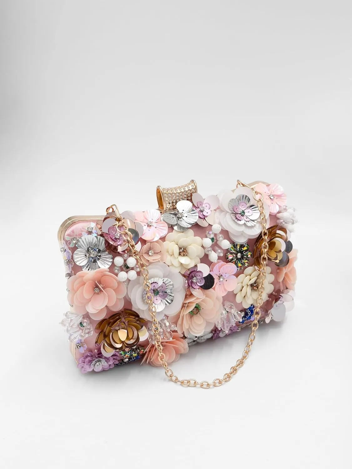 Floral Evening Bag for Women Beaded Clutch Purse with Sequins & Rhinestone Wedding Party Handbag with Chains