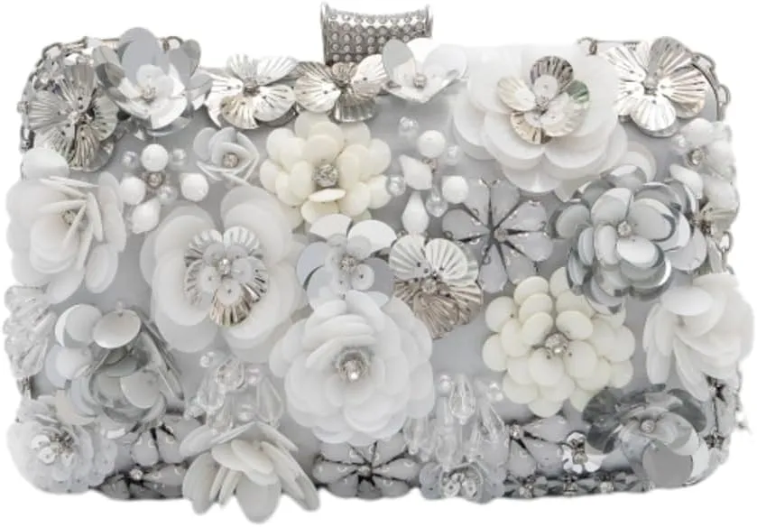 Floral Evening Bag for Women Chain Beaded Clutch Purse Sequins Rhinestone Crossbody Shoulder Bag Wedding Party Handbag