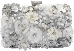 Floral Evening Bag for Women Chain Beaded Clutch Purse Sequins Rhinestone Crossbody Shoulder Bag Wedding Party Handbag