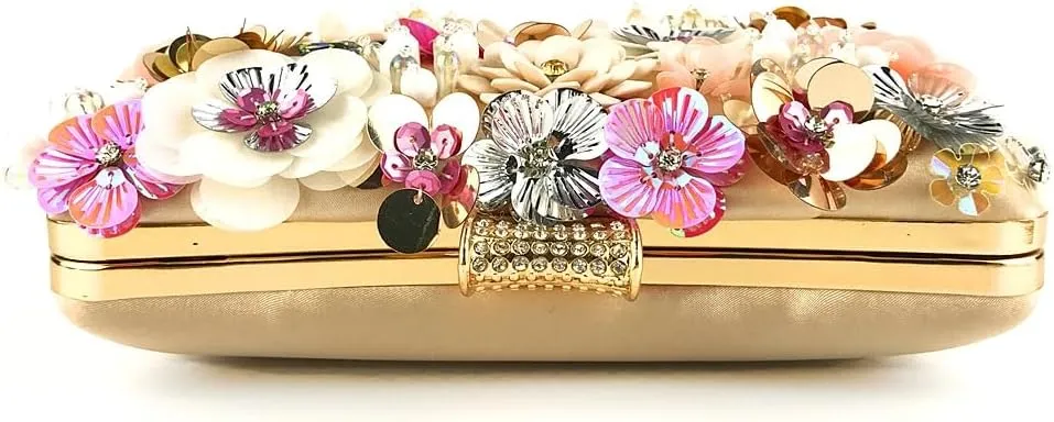 Floral Evening Bag for Women Chain Beaded Clutch Purse Sequins Rhinestone Crossbody Shoulder Bag Wedding Party Handbag