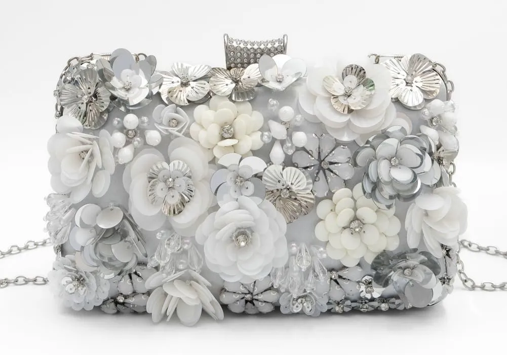 Floral Evening Bag for Women Chain Beaded Clutch Purse Sequins Rhinestone Crossbody Shoulder Bag Wedding Party Handbag