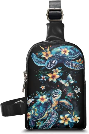 Floral Sea Turtle Leather Sling Bag for Women 2024 Small Crossbody Bag with Adjustable Strap Cute Fanny Pack Chest Bag Travel Shoulder Purse