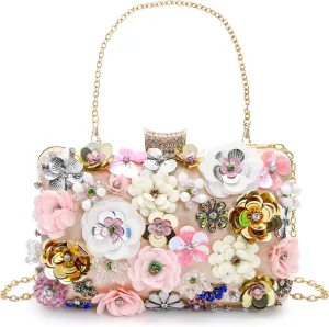 Flower Clutch Evening Bag, Fancy Floral Evening Bag Purse for Woman, Colorful Embroidery Beaded Clutch with 2 Chain Straps, Bride Wedding Handbag Crossbody Shoulder Bag