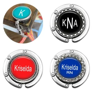 Folding Purse Hook Bag Hanger (12 Colors) Personalized Bridesmaid Wedding Handbag Accessory Gift - You Customize Fonts, Design COlor, Size and Decorative Frame