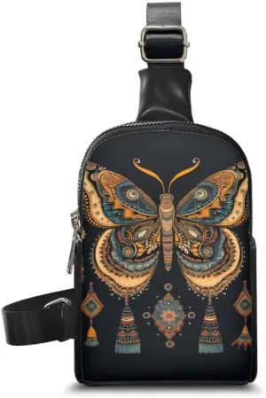 Folk Ethnic Butterfly Sling Bag Crossbody Shoulder Bags with Adjustable Strap, Boho Tribal Butterflies Chest Daypack Fanny Pack Travel, Vegan PU Leather