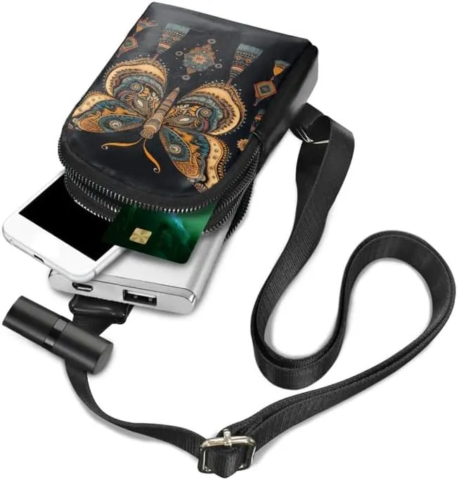 Folk Ethnic Butterfly Sling Bag Crossbody Shoulder Bags with Adjustable Strap, Boho Tribal Butterflies Chest Daypack Fanny Pack Travel, Vegan PU Leather