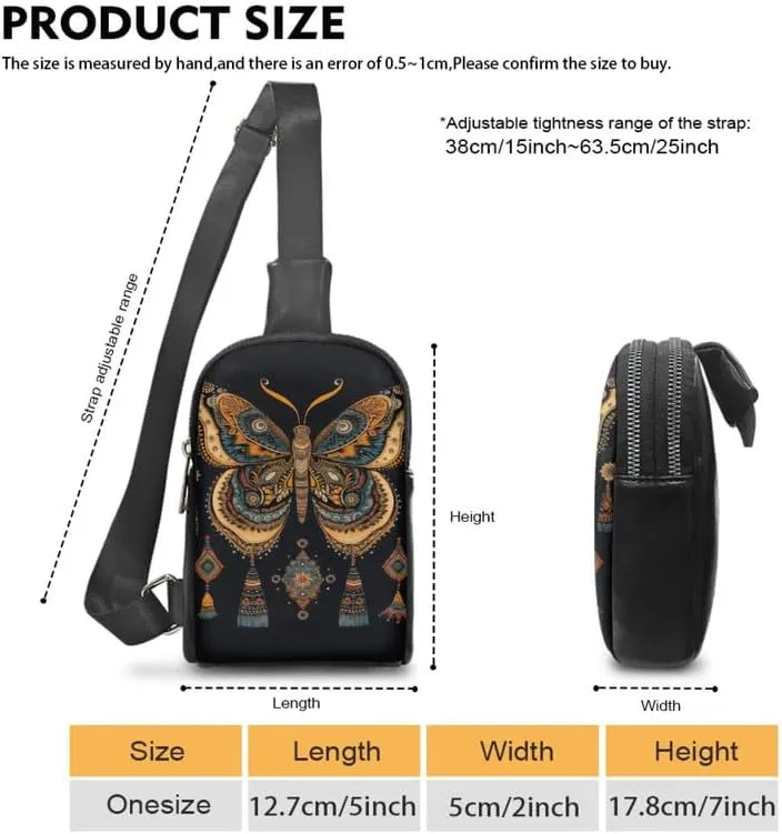 Folk Ethnic Butterfly Sling Bag Crossbody Shoulder Bags with Adjustable Strap, Boho Tribal Butterflies Chest Daypack Fanny Pack Travel, Vegan PU Leather