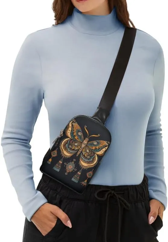 Folk Ethnic Butterfly Sling Bag Crossbody Shoulder Bags with Adjustable Strap, Boho Tribal Butterflies Chest Daypack Fanny Pack Travel, Vegan PU Leather