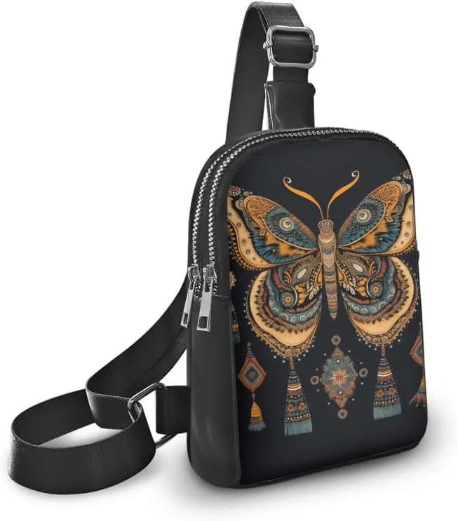 Folk Ethnic Butterfly Sling Bag Crossbody Shoulder Bags with Adjustable Strap, Boho Tribal Butterflies Chest Daypack Fanny Pack Travel, Vegan PU Leather
