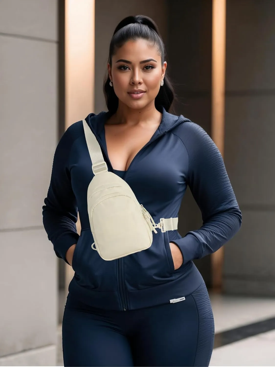 FORZAROCKET Sling Bag Double Compartment w/Long Strap 70" - Crossbody Bag w/Extended Strap - Women Men Fanny Pack - Two-way Durable Zipper - Compact Sling Backpack - Plus Size Friendly, Off White