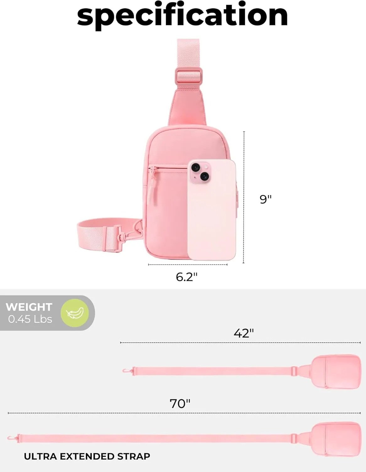 FORZAROCKET Ultralight Sling Bag w/Long Strap 70" – Small Crossbody Bag w/Extended Strap – Women Men Fanny Pack w/Anti-Theft Pocket – Two-Way Durable Zipper – Travel & Plus Size Friendly, Pink