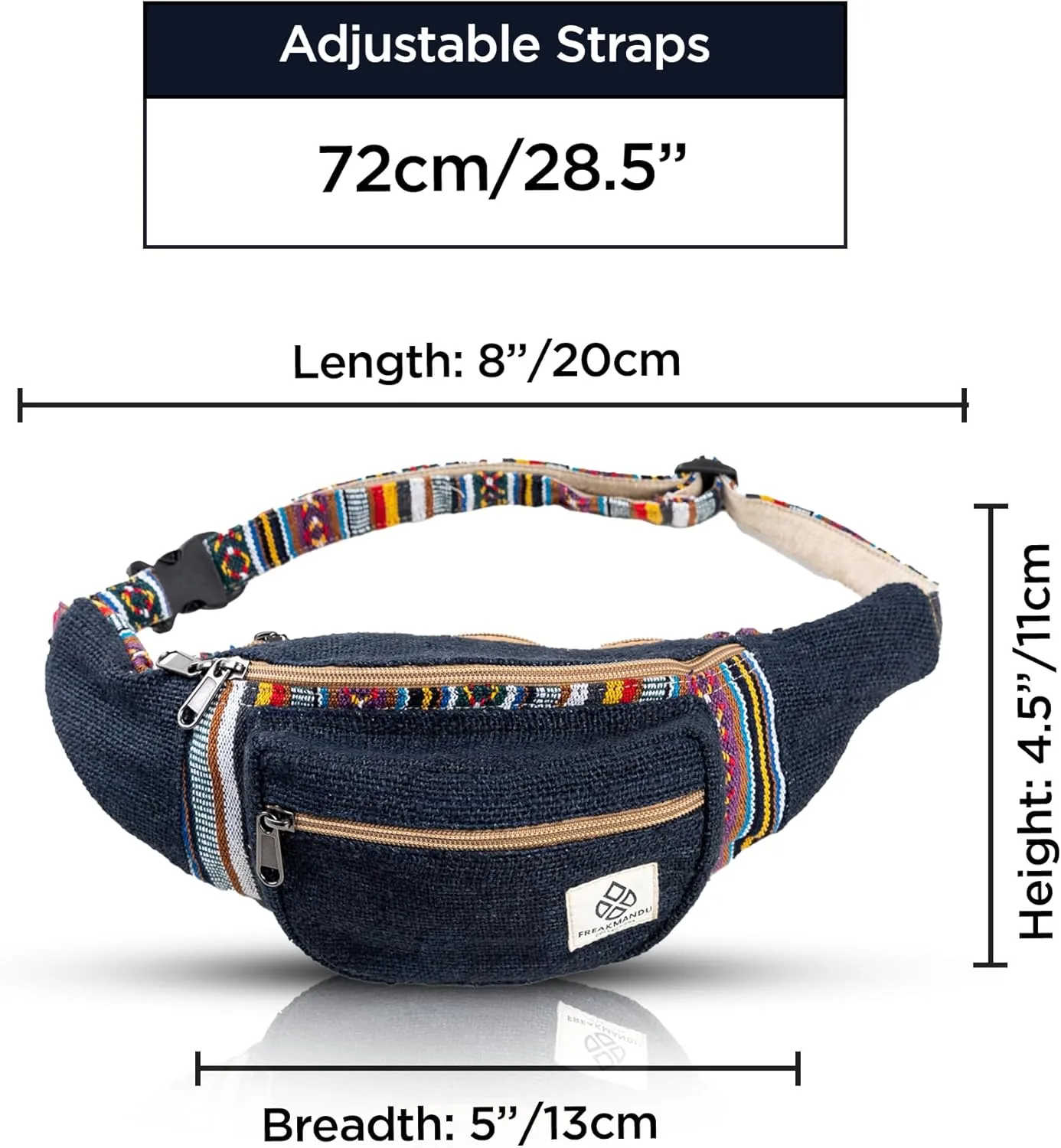 Freakmandu Eco-Friendly Boho Hippie Style Hemp Fanny Pack Blue Hip Waist Bag for Hiking Running Jogging (Azure)