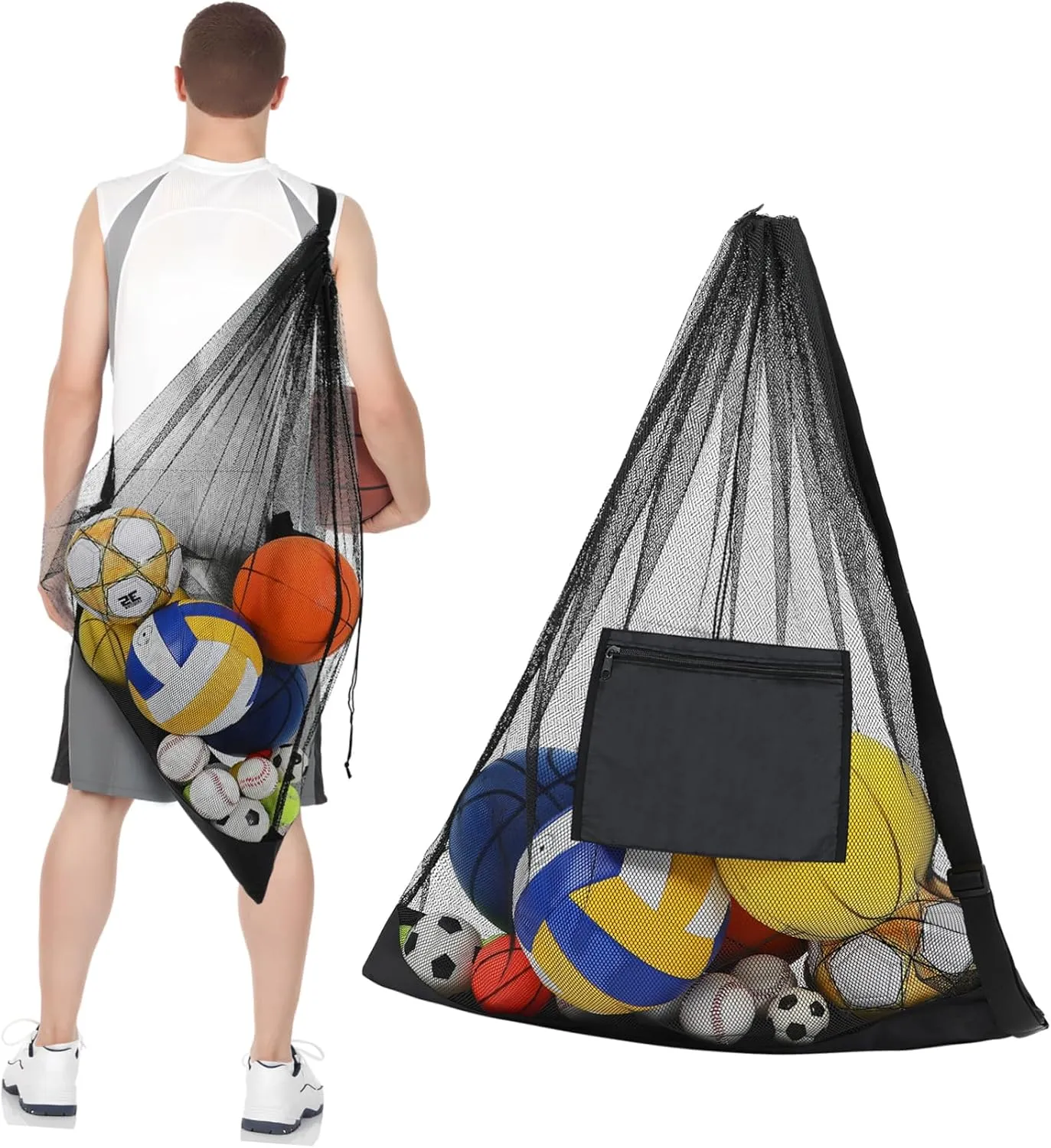 GANAZONO Large Mesh Ball Bag Sports Equipment Bag for Volleyball Soccer Basketball Secure Drawstring Closure Shoulder Strap Zippered Pouch Canvas