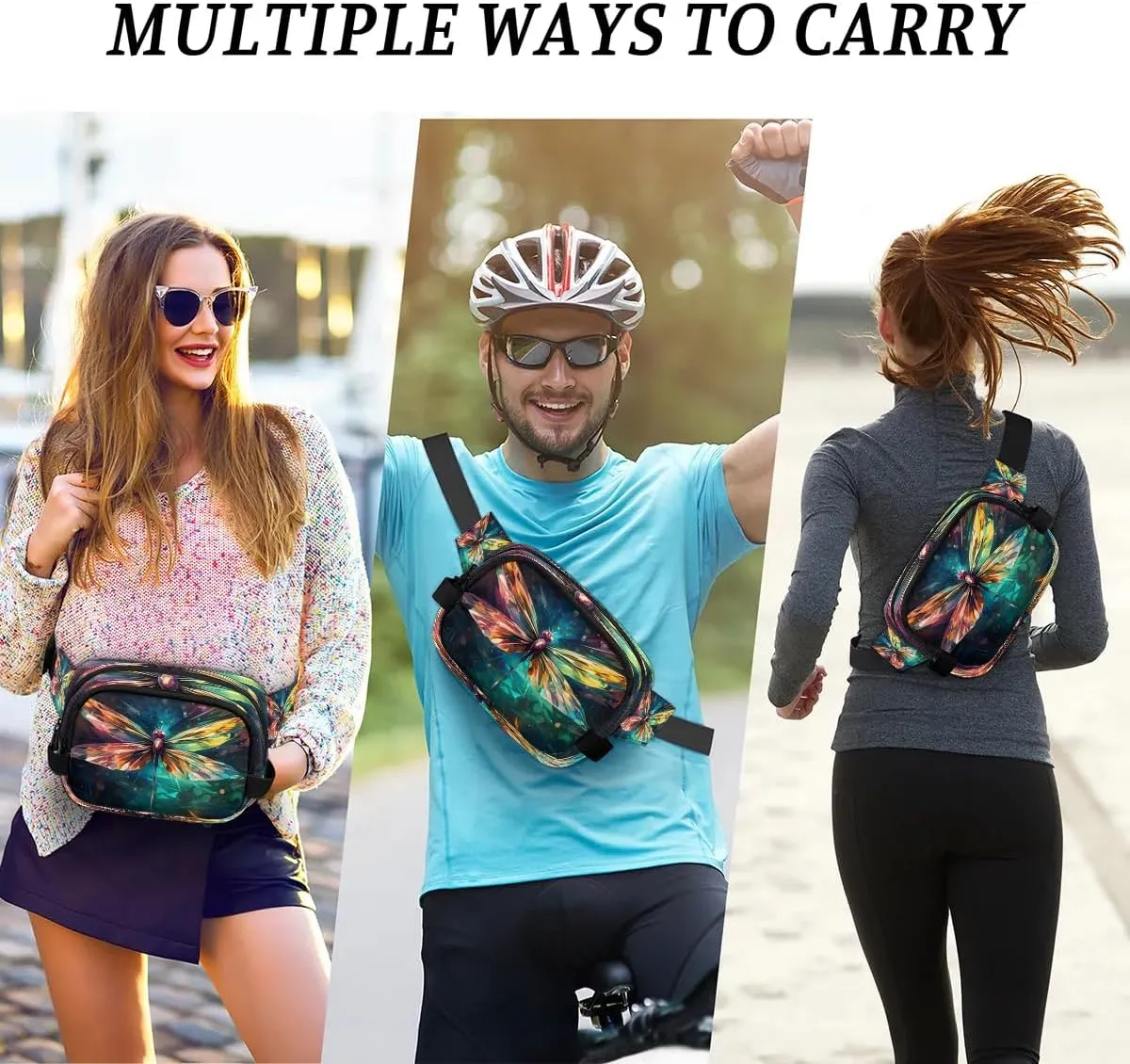 Geometric Patterns Dragonfly Men's and Women's Waist Pack Crossbody Illuminated Rainbow Dragonfly Waist Pack Running Strap, Adjustable Shoulder Strap - For Hiking and Running Exercise Fitness
