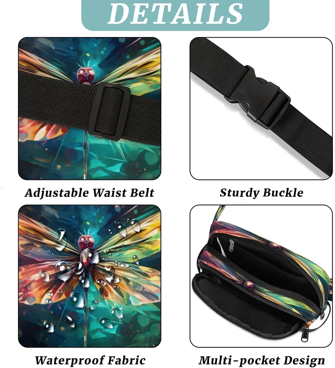 Geometric Patterns Dragonfly Men's and Women's Waist Pack Crossbody Illuminated Rainbow Dragonfly Waist Pack Running Strap, Adjustable Shoulder Strap - For Hiking and Running Exercise Fitness