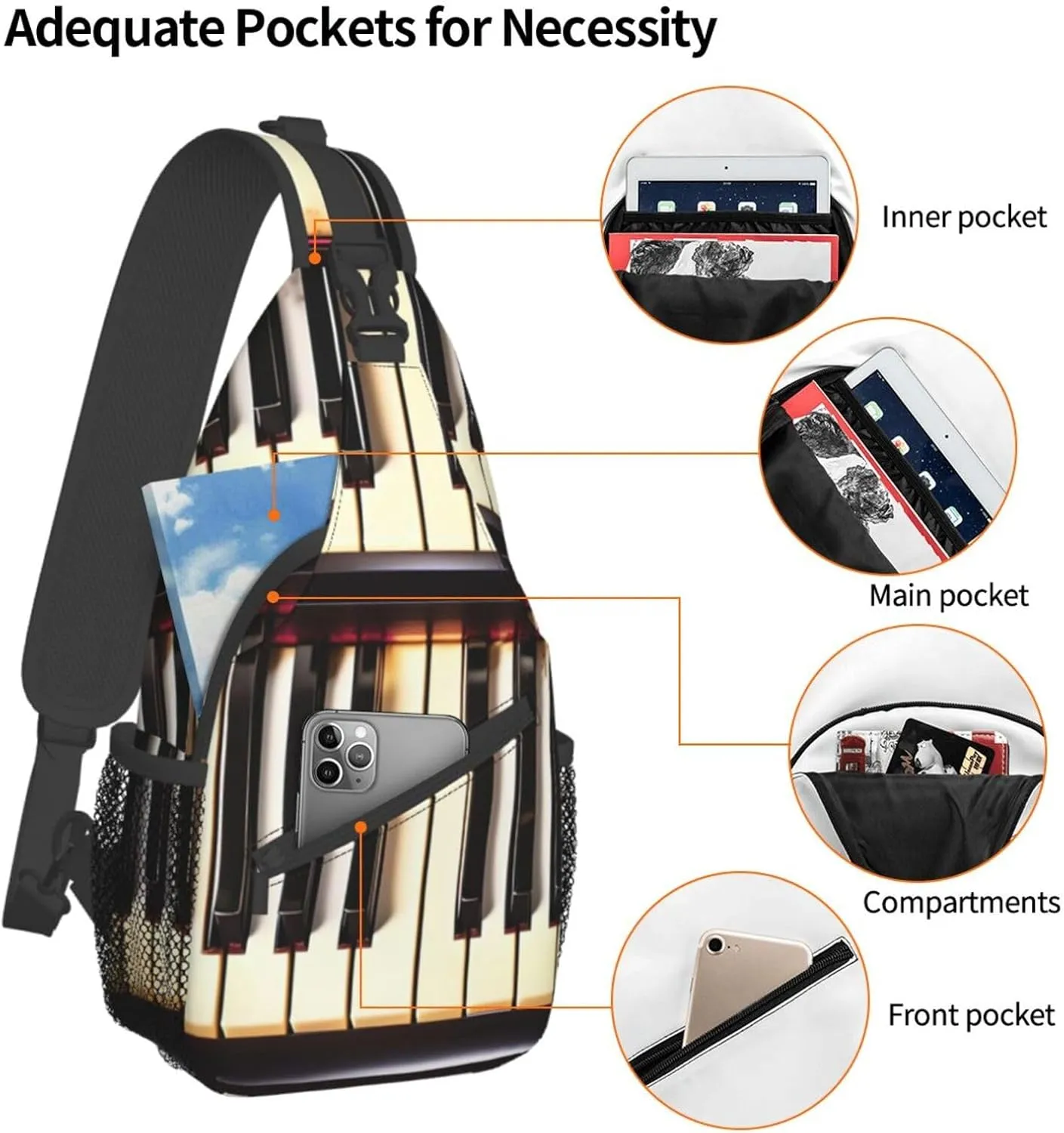 GeRRiT Piano Keys With Musical Notes Print Small Backpack Sling Bag For Women Men, Chest Bag Daypack Crossbody For Travel Sport