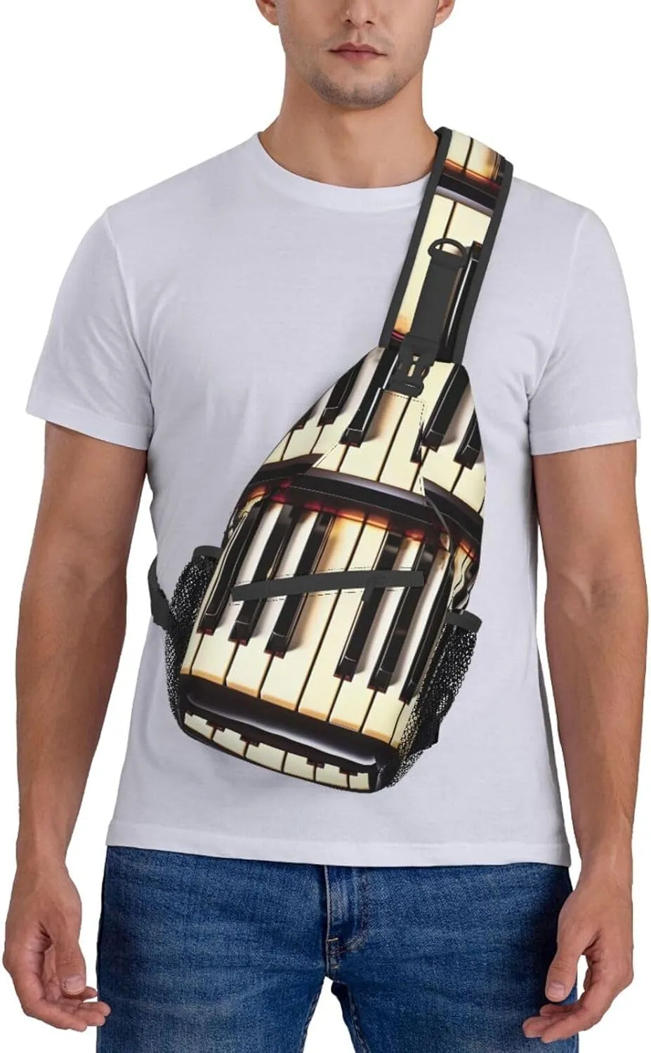 GeRRiT Piano Keys With Musical Notes Print Small Backpack Sling Bag For Women Men, Chest Bag Daypack Crossbody For Travel Sport