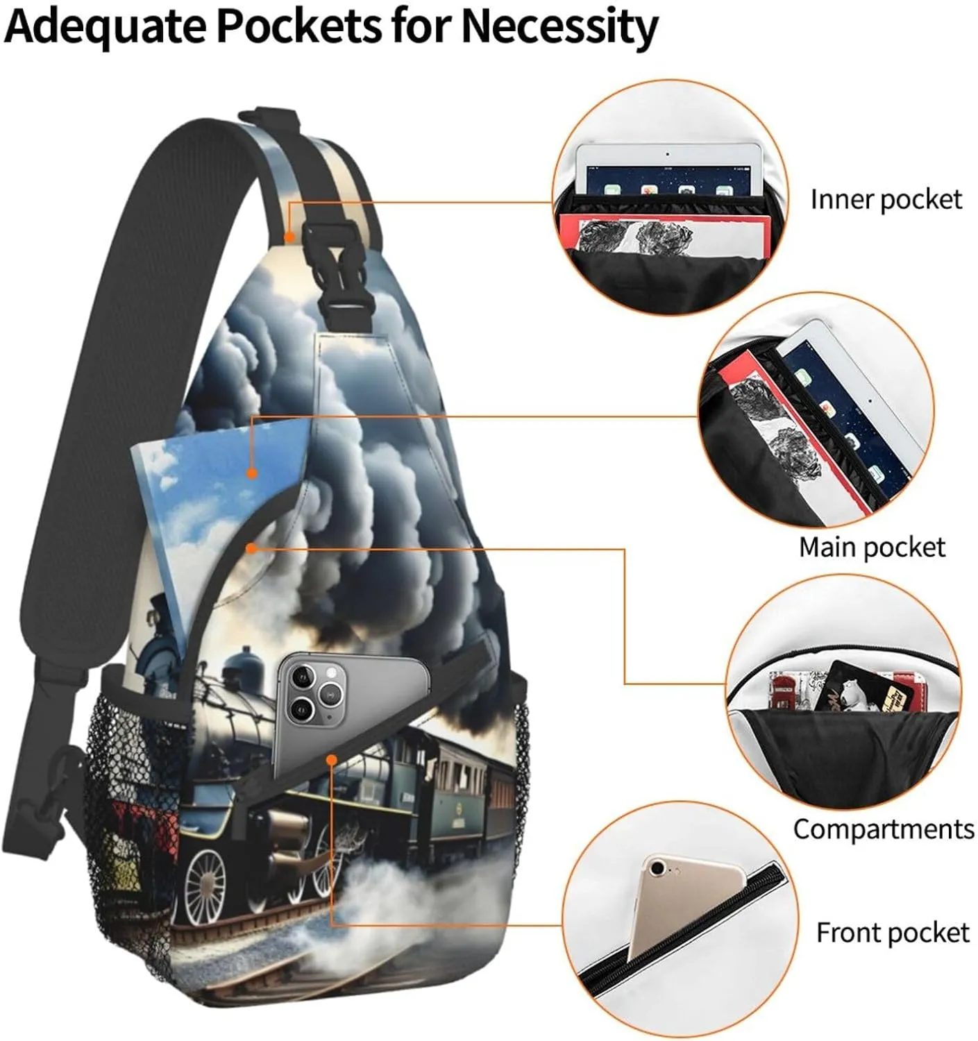 GeRRiT Steam Train Clouds Print Small Backpack Sling Bag For Women Men, Chest Bag Daypack Crossbody For Travel Sport
