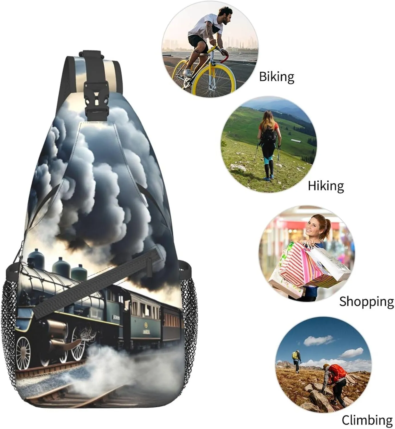 GeRRiT Steam Train Clouds Print Small Backpack Sling Bag For Women Men, Chest Bag Daypack Crossbody For Travel Sport
