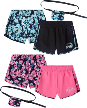 Girls Athletic Shorts - 4 Pack Woven Activewear Dolphin Shorts for Girls with Fanny Pack (Sizes: 4-16)