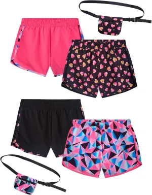 Girls Athletic Shorts - 4 Pack Woven Activewear Dolphin Shorts for Girls with Fanny Pack (Sizes: 4-16)