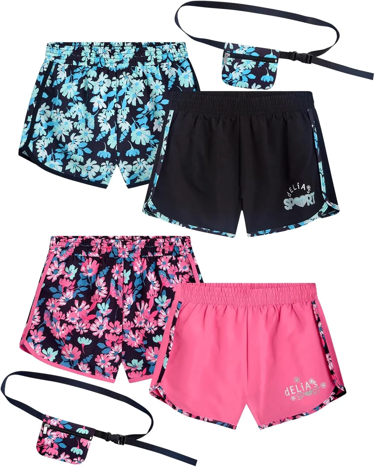 Girls Athletic Shorts - 4 Pack Woven Activewear Dolphin Shorts for Girls with Fanny Pack (Sizes: 4-16)