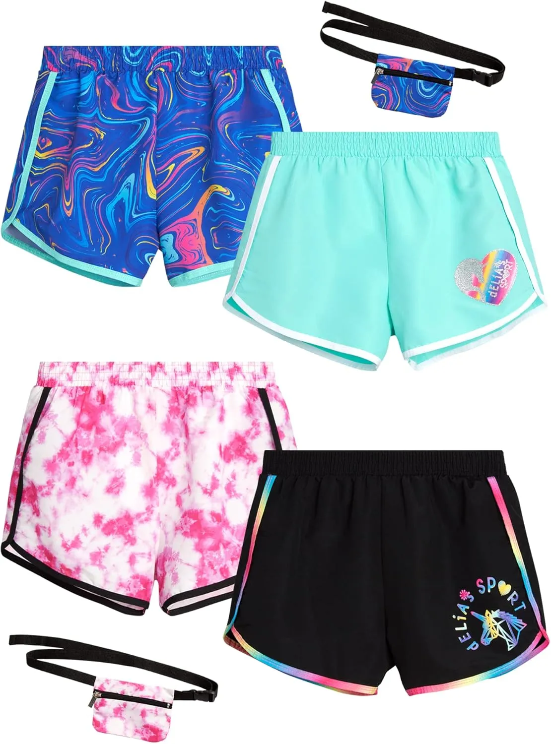 Girls Athletic Shorts - 4 Pack Woven Activewear Dolphin Shorts for Girls with Fanny Pack (Sizes: 4-16)