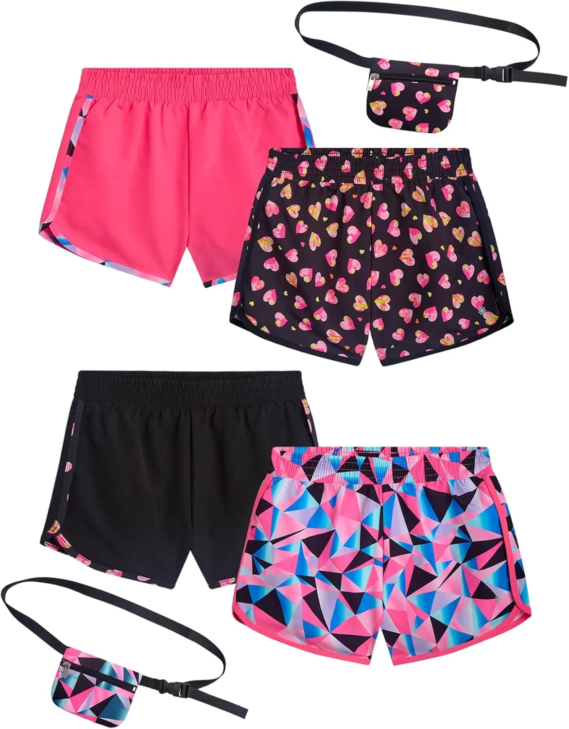 Girls Athletic Shorts - 4 Pack Woven Activewear Dolphin Shorts for Girls with Fanny Pack (Sizes: 4-16)