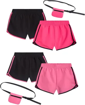 Girls Athletic Shorts - 4 Pack Woven Activewear Dolphin Shorts for Girls with Fanny Pack (Sizes: 4-16)