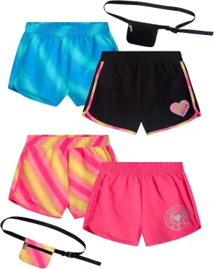 Girls Athletic Shorts - 4 Pack Woven Activewear Dolphin Shorts for Girls with Fanny Pack (Sizes: 4-16)