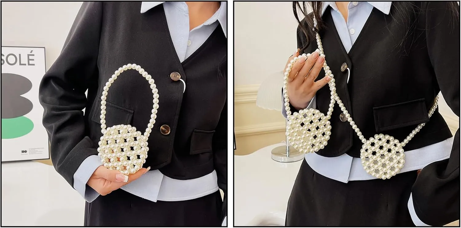 Girls White Beaded Pearl Handbag - Vintage Pearl Clutch Mini Evening Bag for Party Wedding