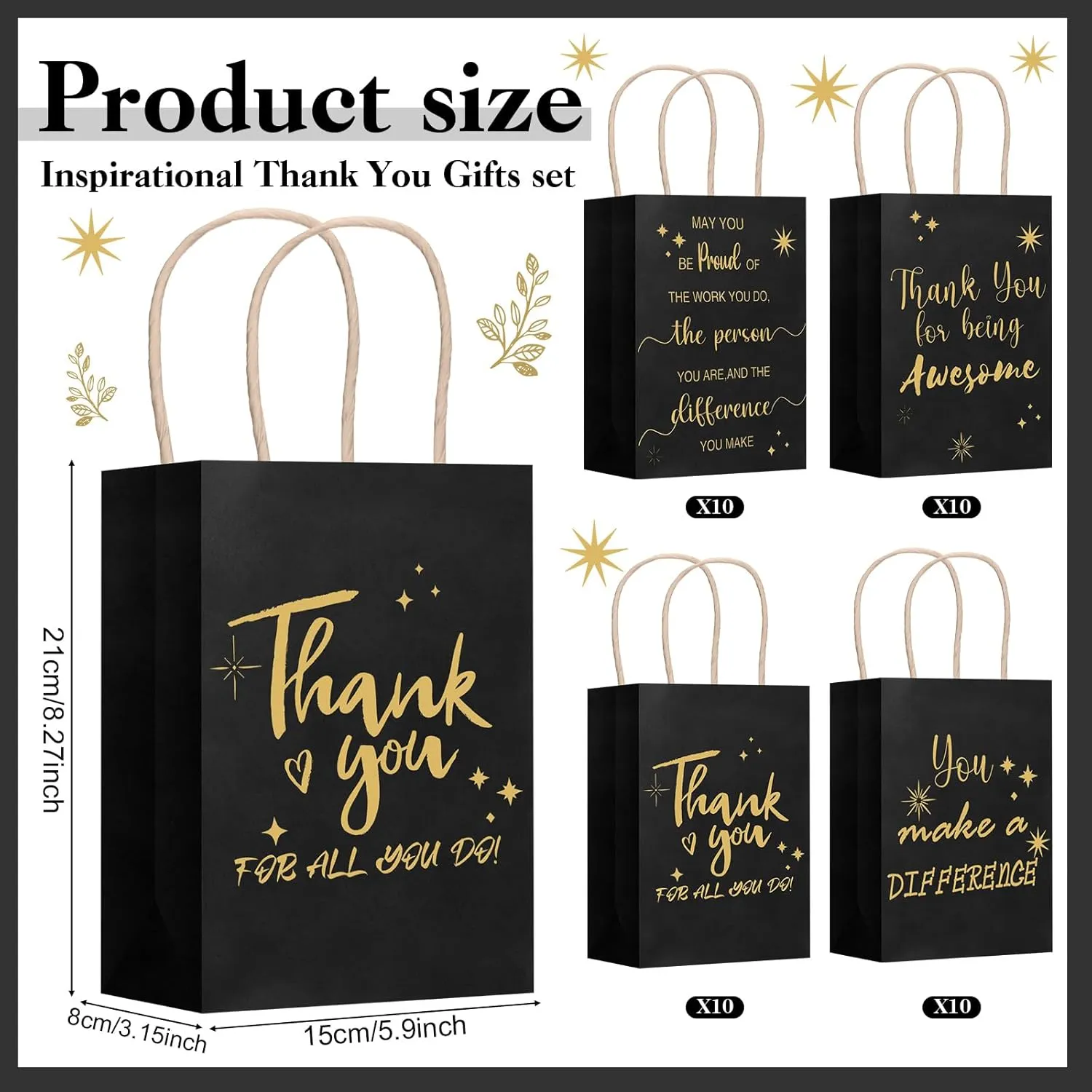 Gueevin 40 Pcs Teacher Employee Appreciation Bulk Thank You Gifts Paper Bags for Nurse Week Mother's Day CNA Week Gift Graduation Appreciation Inspirational Gift(Black)