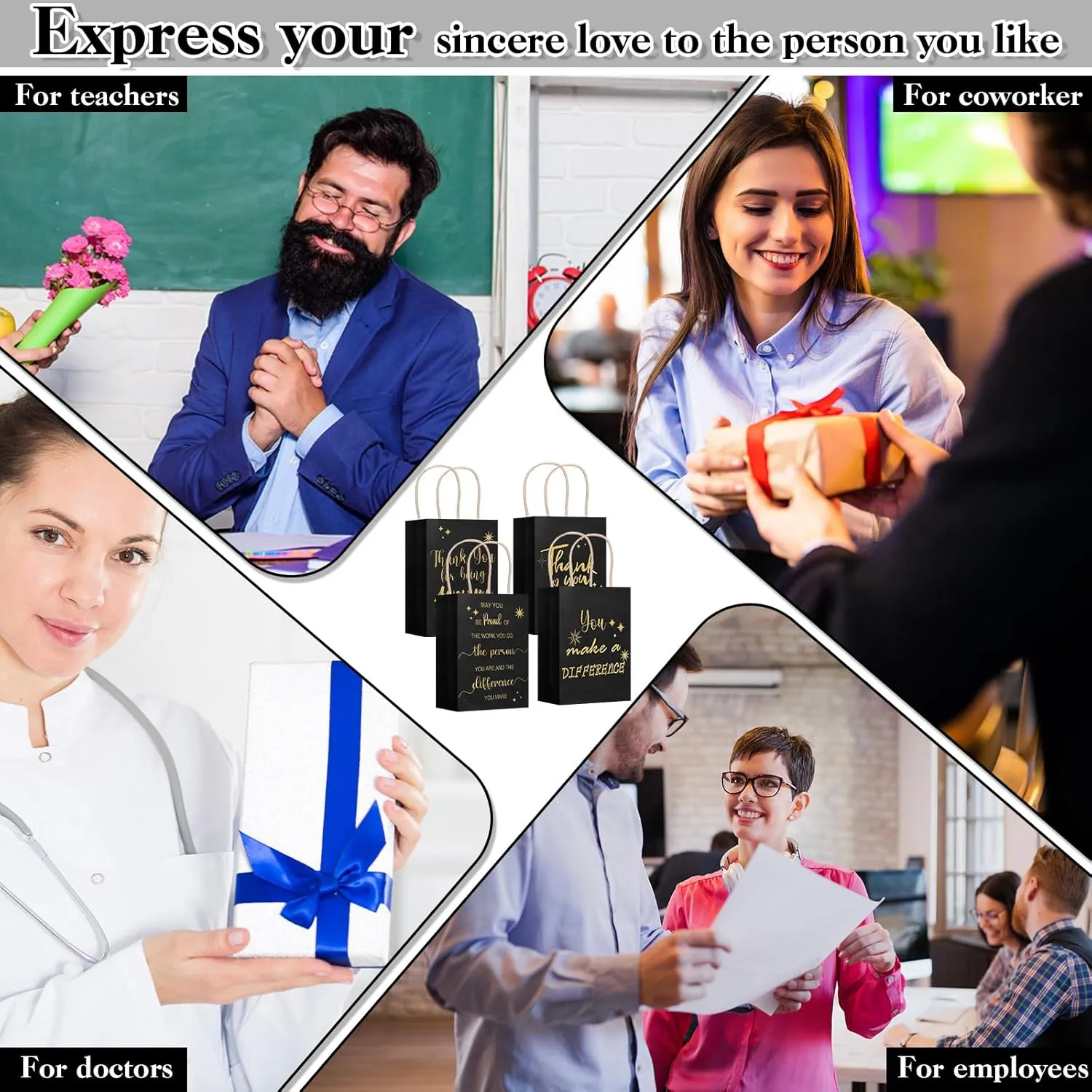 Gueevin 40 Pcs Teacher Employee Appreciation Bulk Thank You Gifts Paper Bags for Nurse Week Mother's Day CNA Week Gift Graduation Appreciation Inspirational Gift(Black)