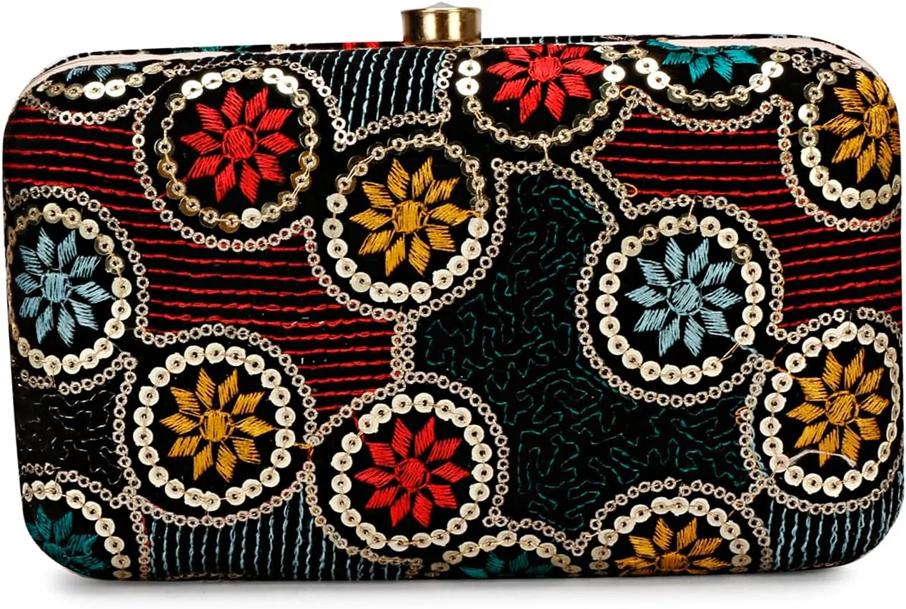 Hand Crafted Designer Box Clutch, Zari Embroidery Clutch - Hand Clutch For Women